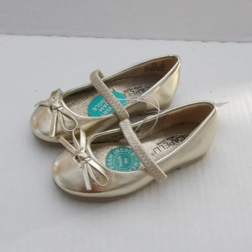 Toddler Girls Capelli Goldtone Mary Jane Style Dress Shoes w/bows, Size 5